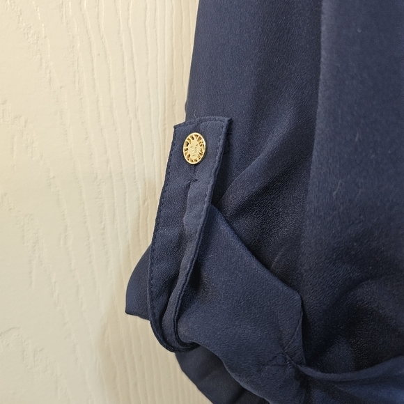 Anne Klein Navy Blue Blouse with White Trim gold Zipper Tabbed Sleeves Large - Picture 4 of 15